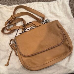 Classic Roots Tan Leather Crossbody Bag with Flap Closure